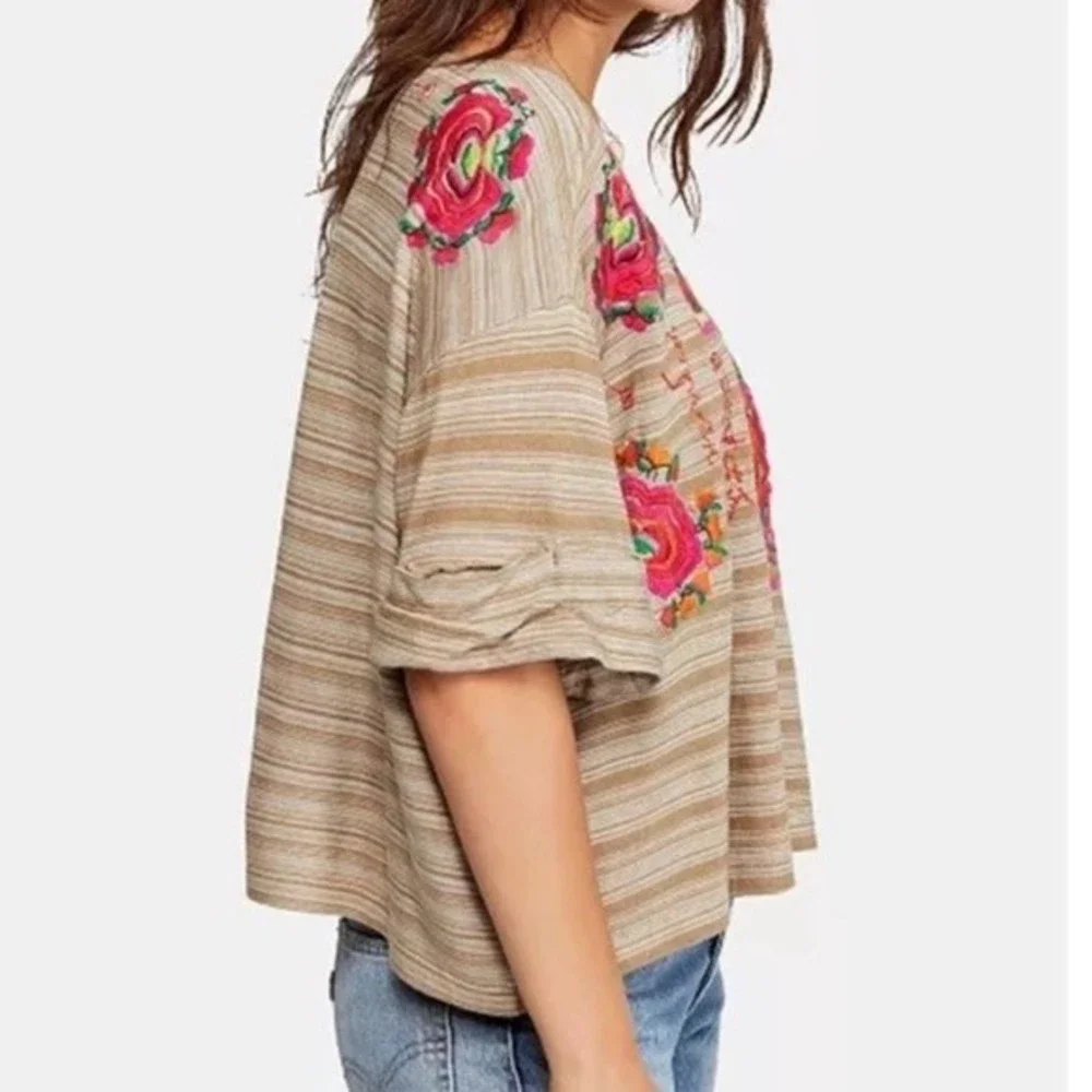 Free People Striped Top with Floral Embroidery - Picture 2 of 5